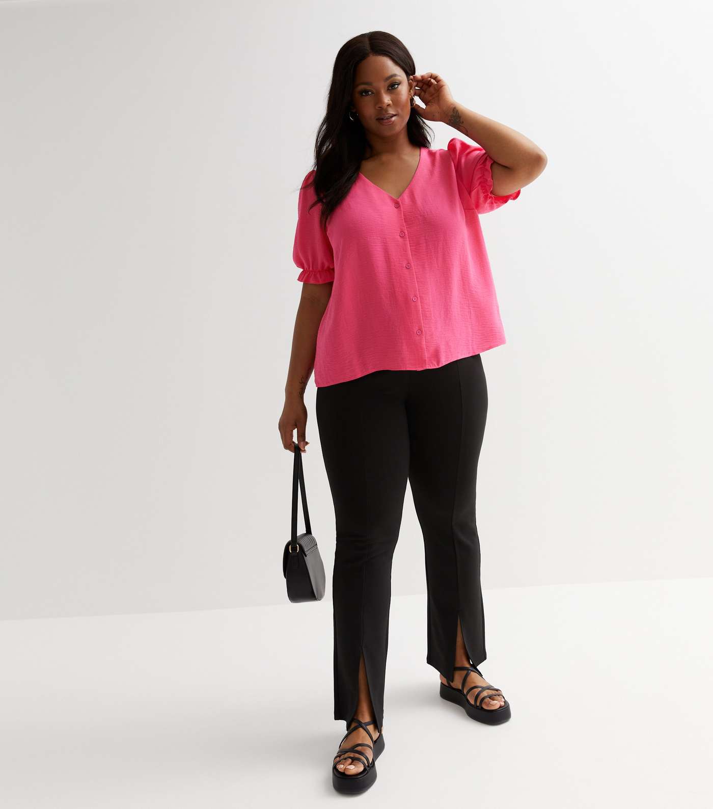 Curves Bright Pink Short Frill Sleeve Blouse Image 2