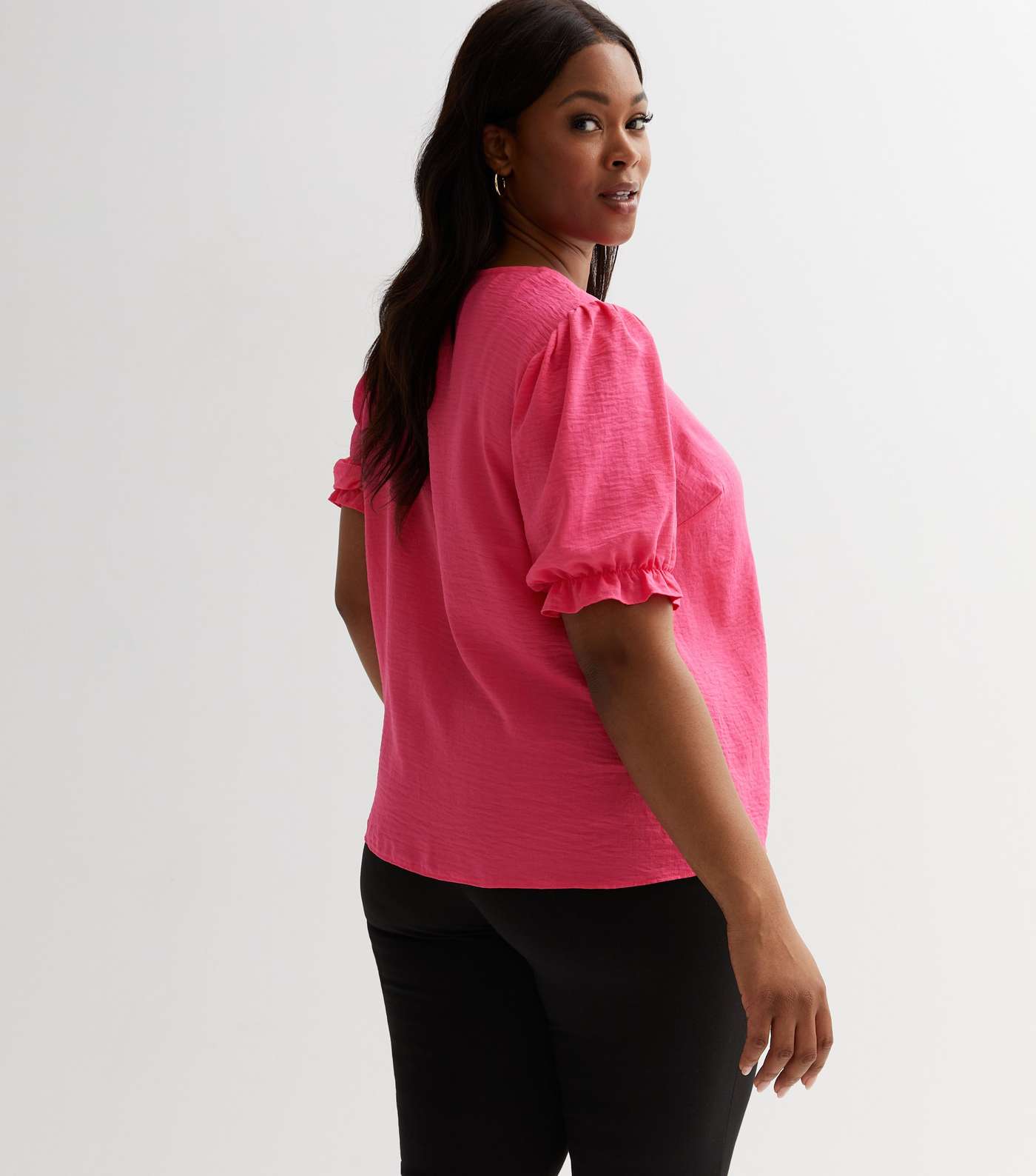 Curves Bright Pink Short Frill Sleeve Blouse Image 4