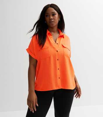 Curves Bright Orange Pocket Roll Sleeve Shirt