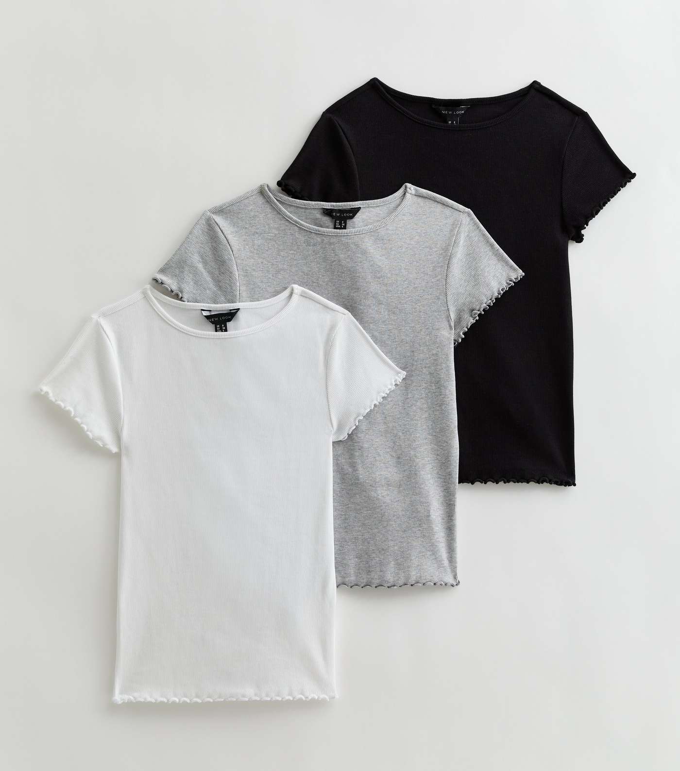 3 Pack Light Grey White and Black Ribbed Frill T-Shirts Image 5