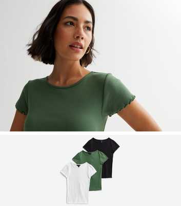 3 Pack White Dark Green and Black Ribbed Frill T-Shirts