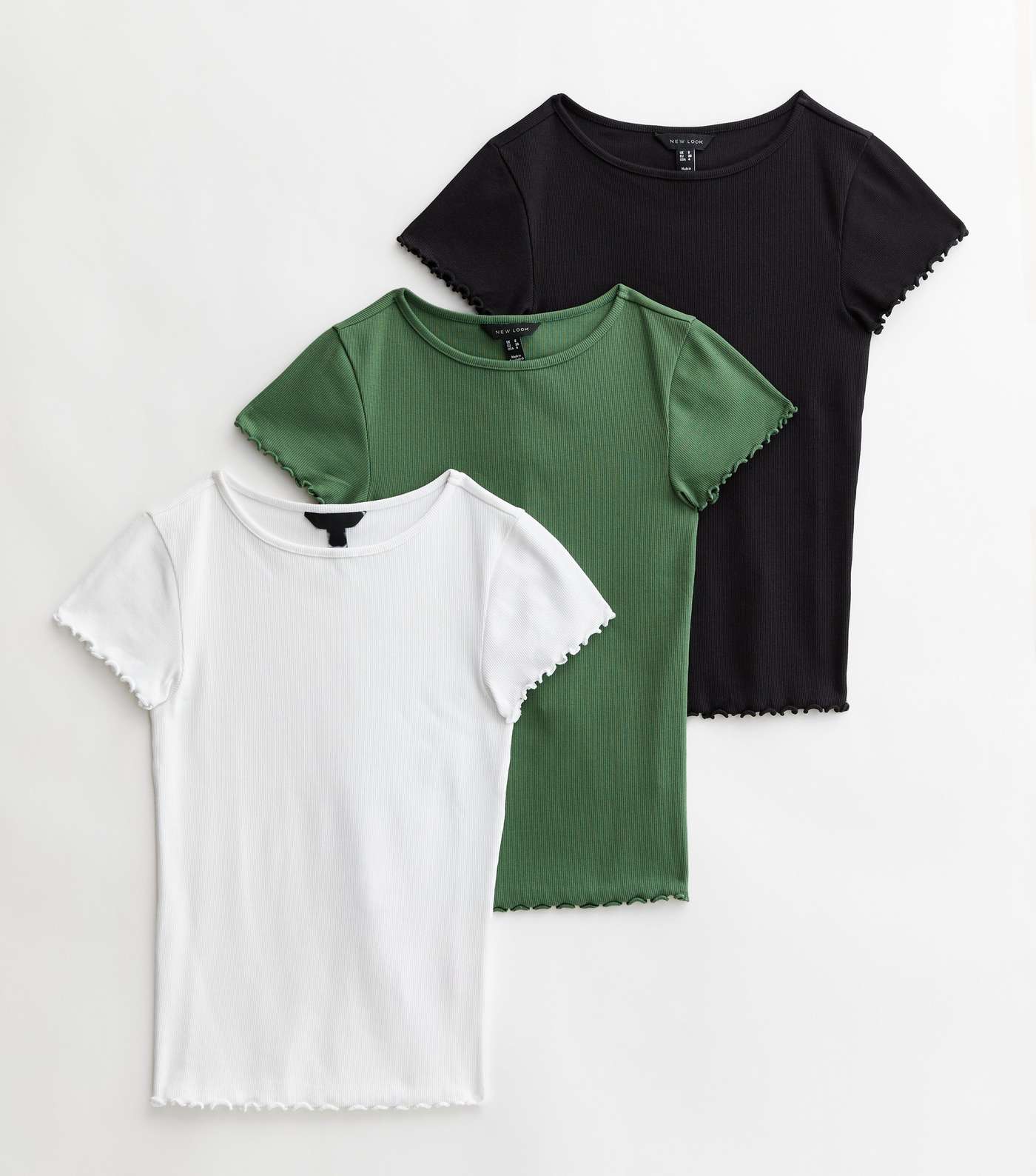 3 Pack White Dark Green and Black Ribbed Frill T-Shirts Image 5