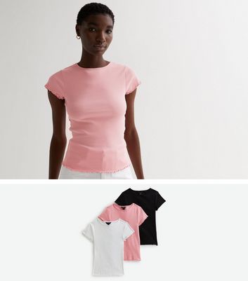 3 Pack Pink White and Black Ribbed Frill T-Shirts