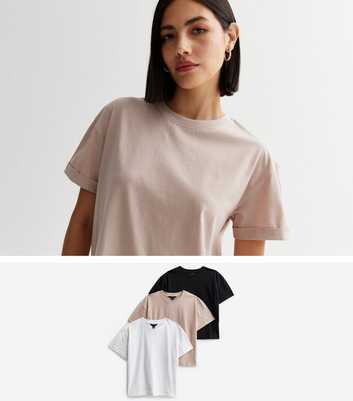 3 Pack Brown White and Black Boxy T-Shirts