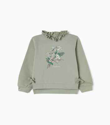 Zippy Light Green Jersey Floral Ruffle Neck Logo Sweatshirt