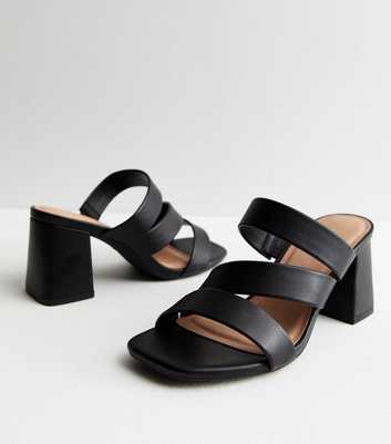 Wide Fit Black Leather-Look Asymmetric Strap Block Heel Mules