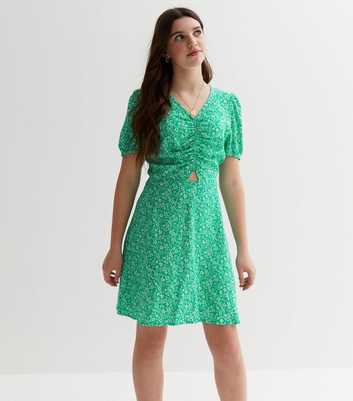 Girls Green Ditsy Floral Ruched Dress