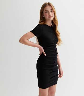 Girls Black Ribbed Jersey Ruched Dress