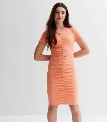 Girls Coral Ribbed Ruched Dress