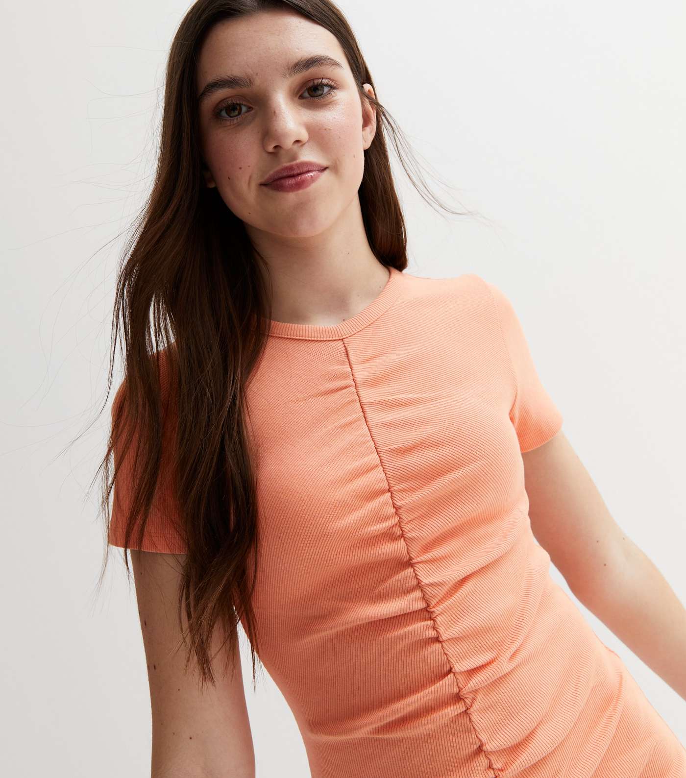 Girls Coral Ribbed Ruched Dress Image 2