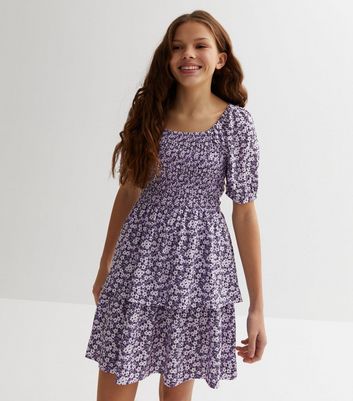 Girls Purple Ditsy Floral Shirred Tiered Mini Dress | New Look