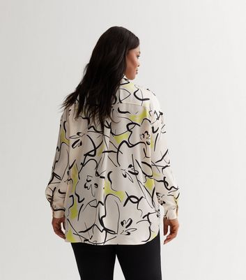 Curves Off White Doodle Print Satin Oversized Shirt New Look
