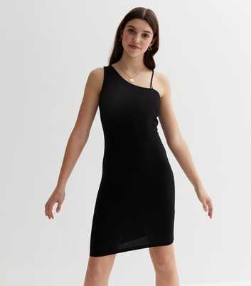 Girls Black One Shoulder Strappy Mini Dress