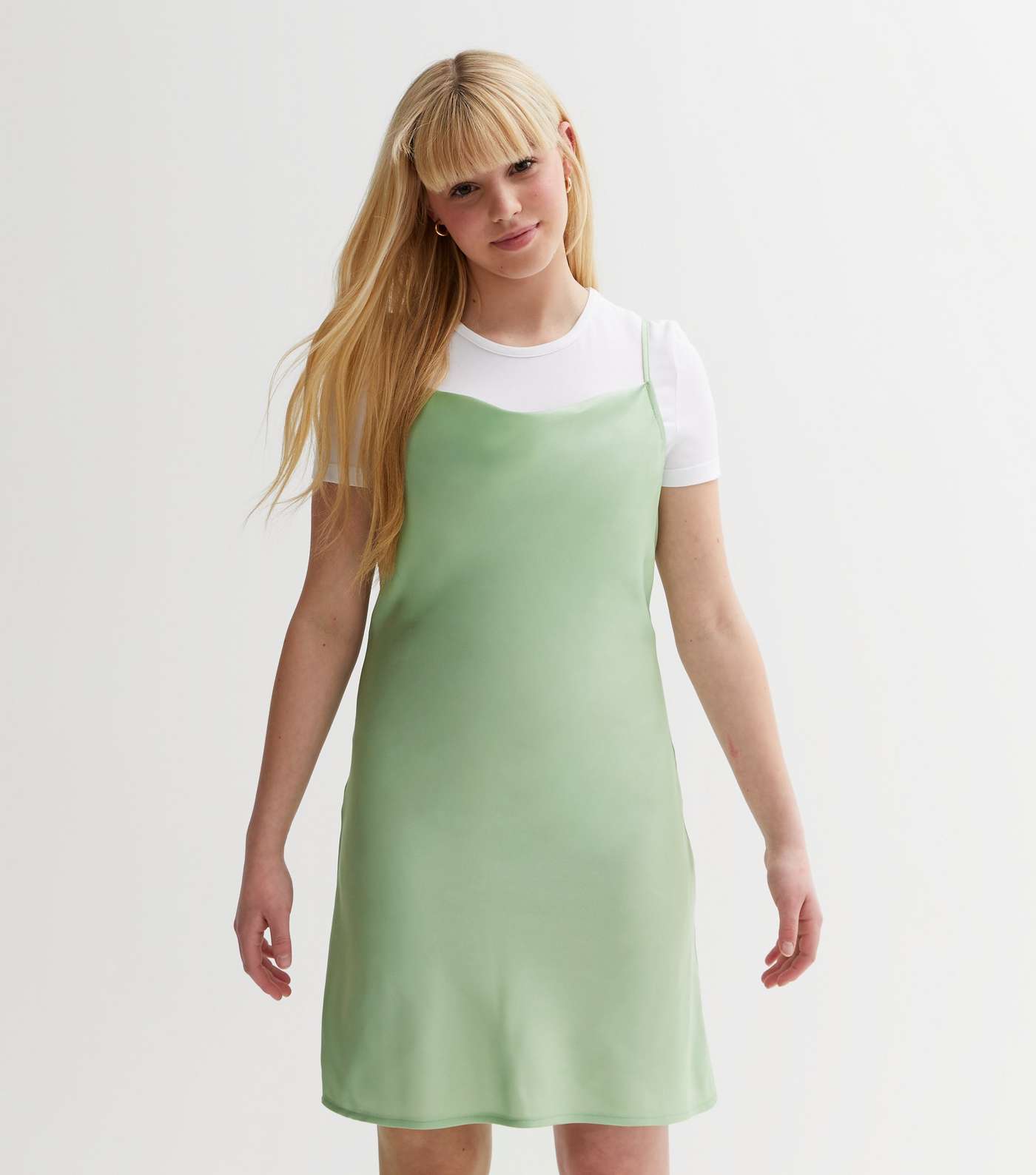 Girls Light Green Satin Strappy Mini Dress Image 2