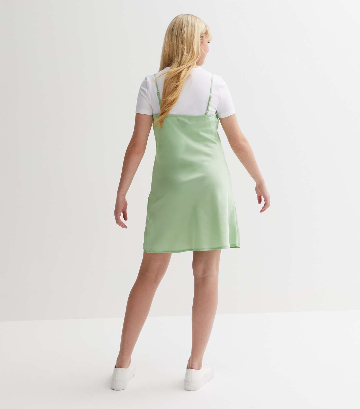 Girls Light Green Satin Strappy Mini Dress Image 4