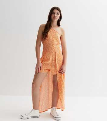 Girls Orange Floral Halter Short Maxi Dress