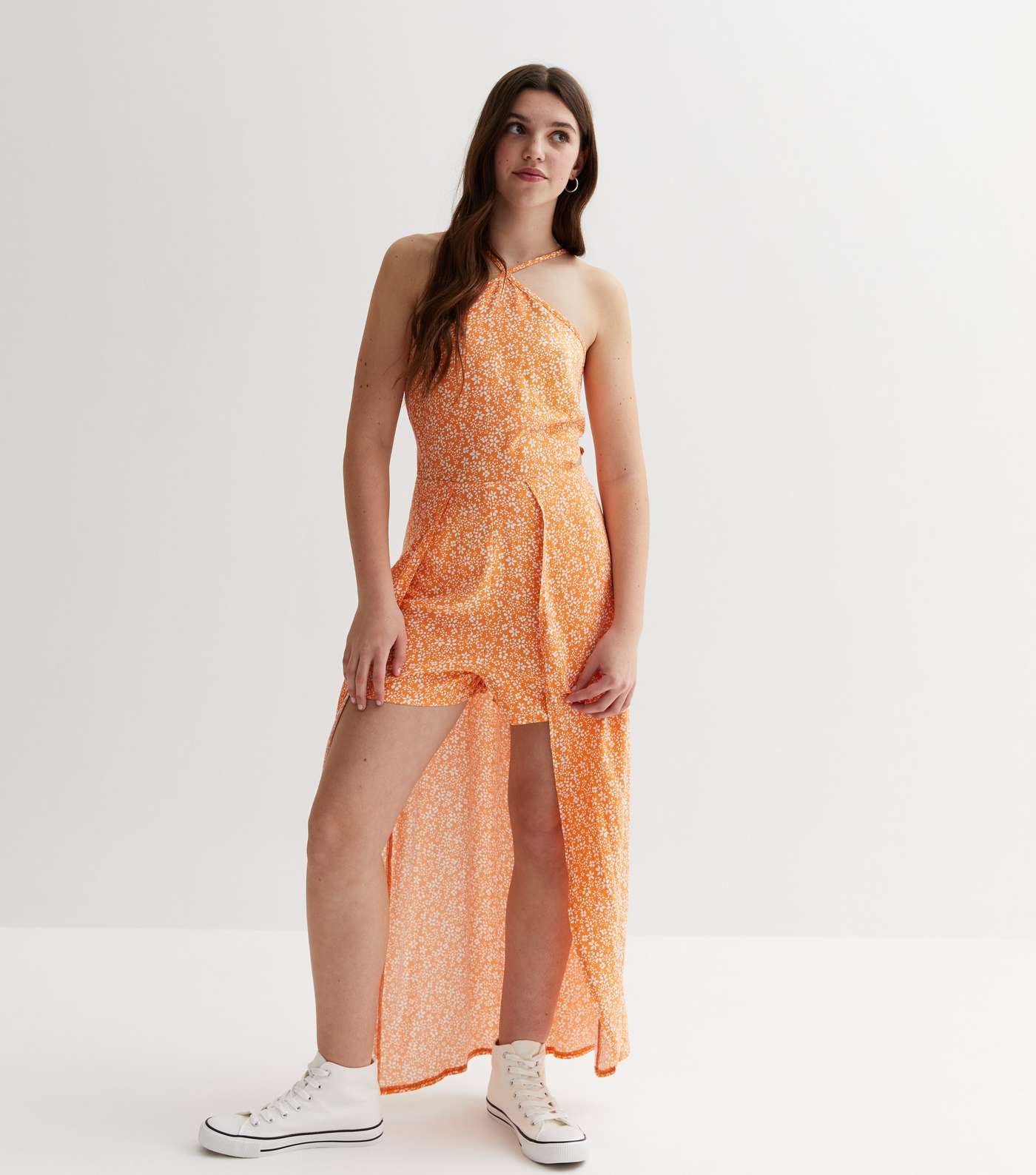Girls Orange Floral Halter Short Maxi Dress