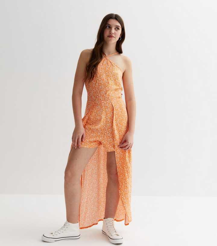 newlook.com | Girls Orange Floral Halter Short Maxi Dress
