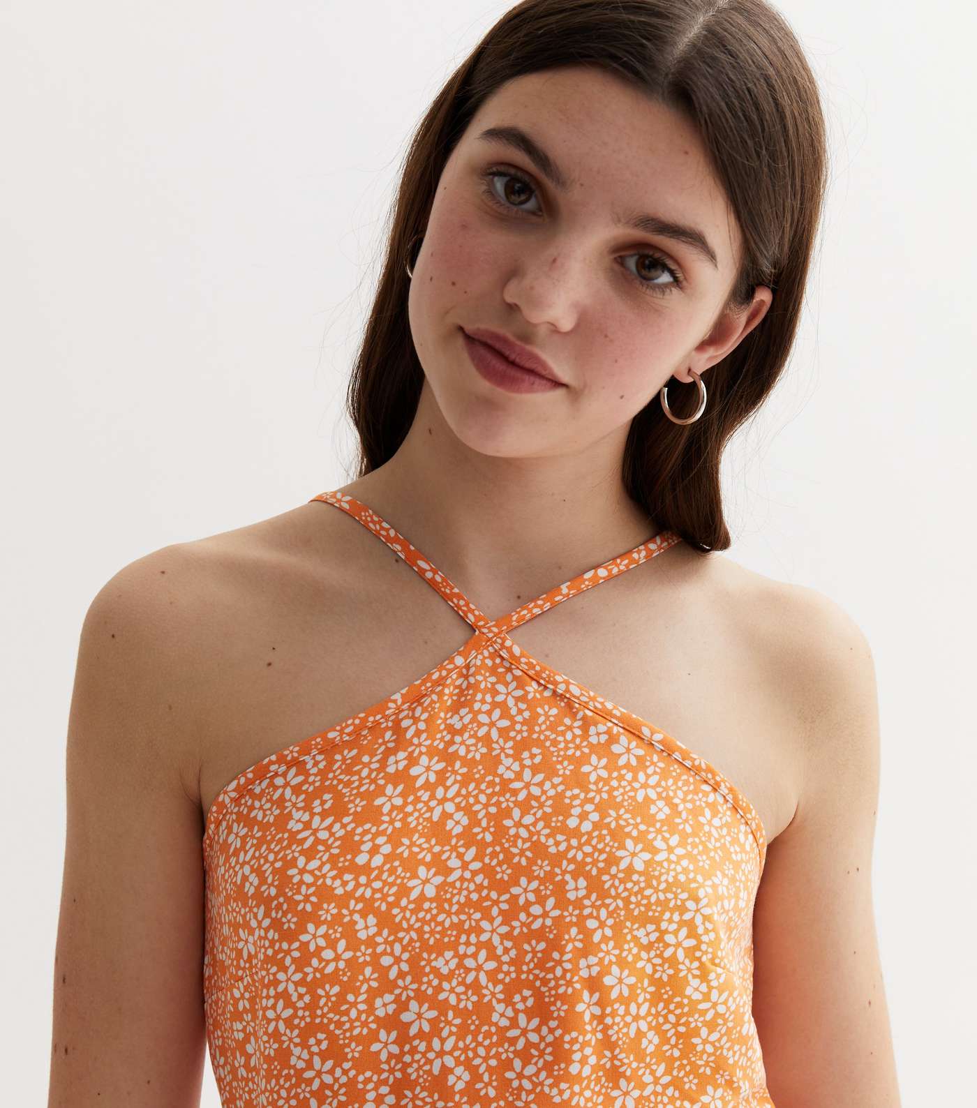 Girls Orange Floral Halter Short Maxi Dress Image 3
