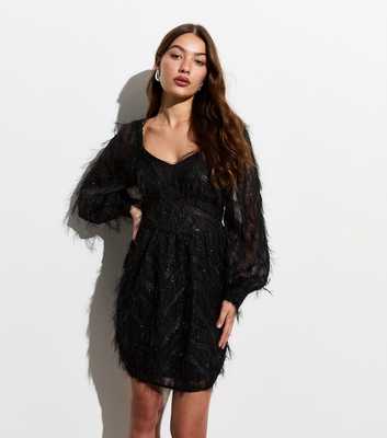 VILA Black Feather Fringe Mini Dress