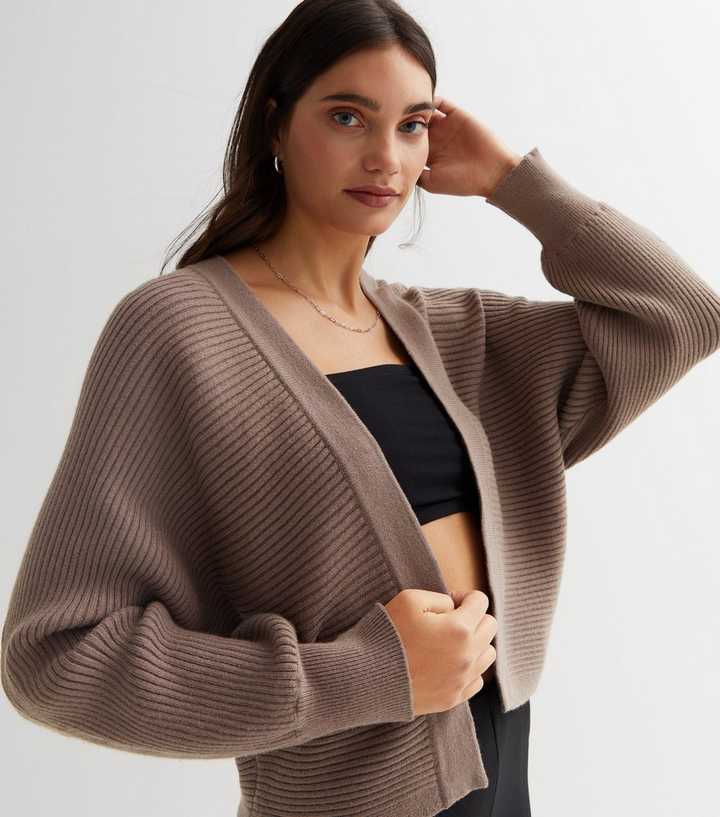 Mink Ribbed Knit Balloon Sleeve Cardigan | New Look