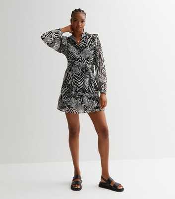 Tall Black Mixed Animal Print High V Neck Long Sleeve Mini Wrap Dress