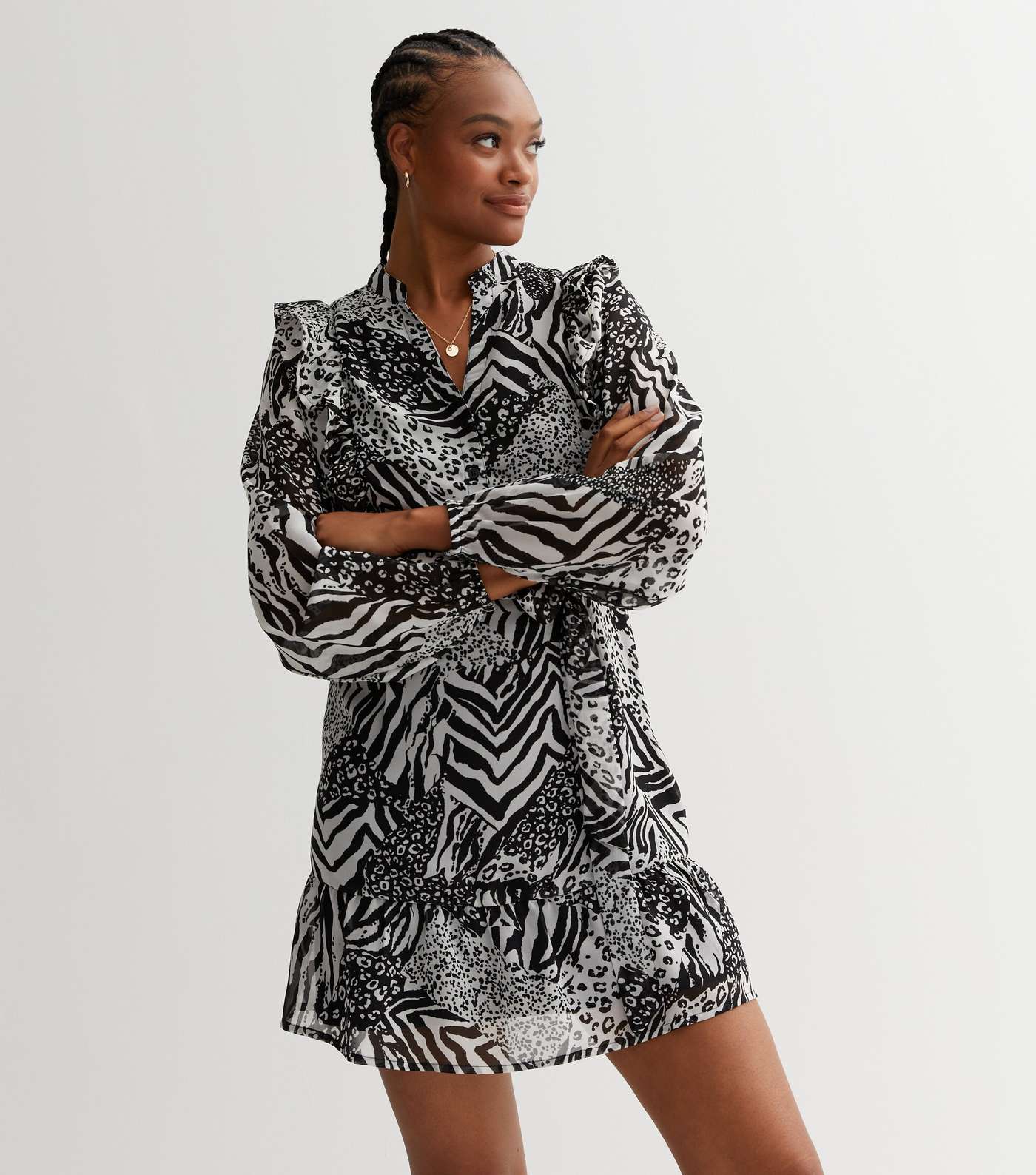 Tall Black Mixed Animal Print Long Sleeve Mini Wrap Dress Image 2