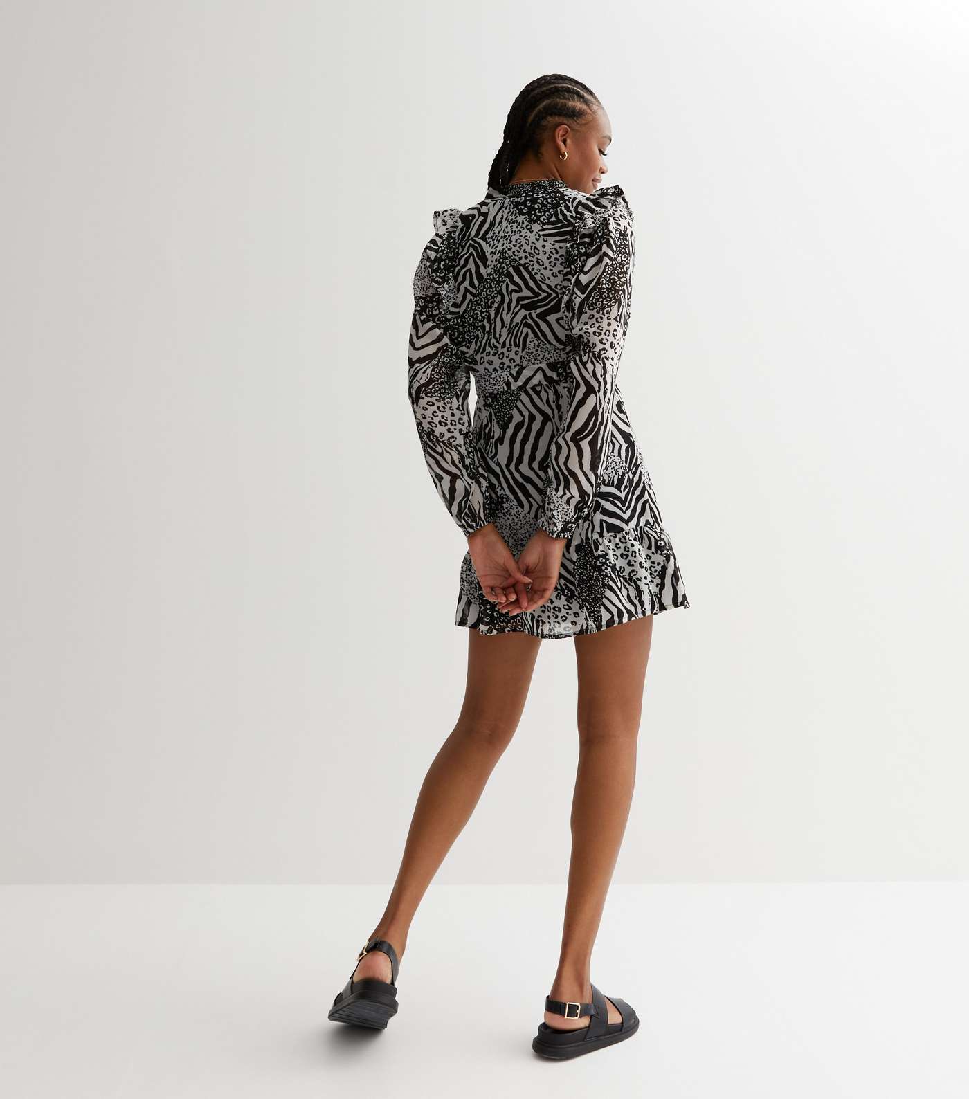 Tall Black Mixed Animal Print Long Sleeve Mini Wrap Dress Image 4