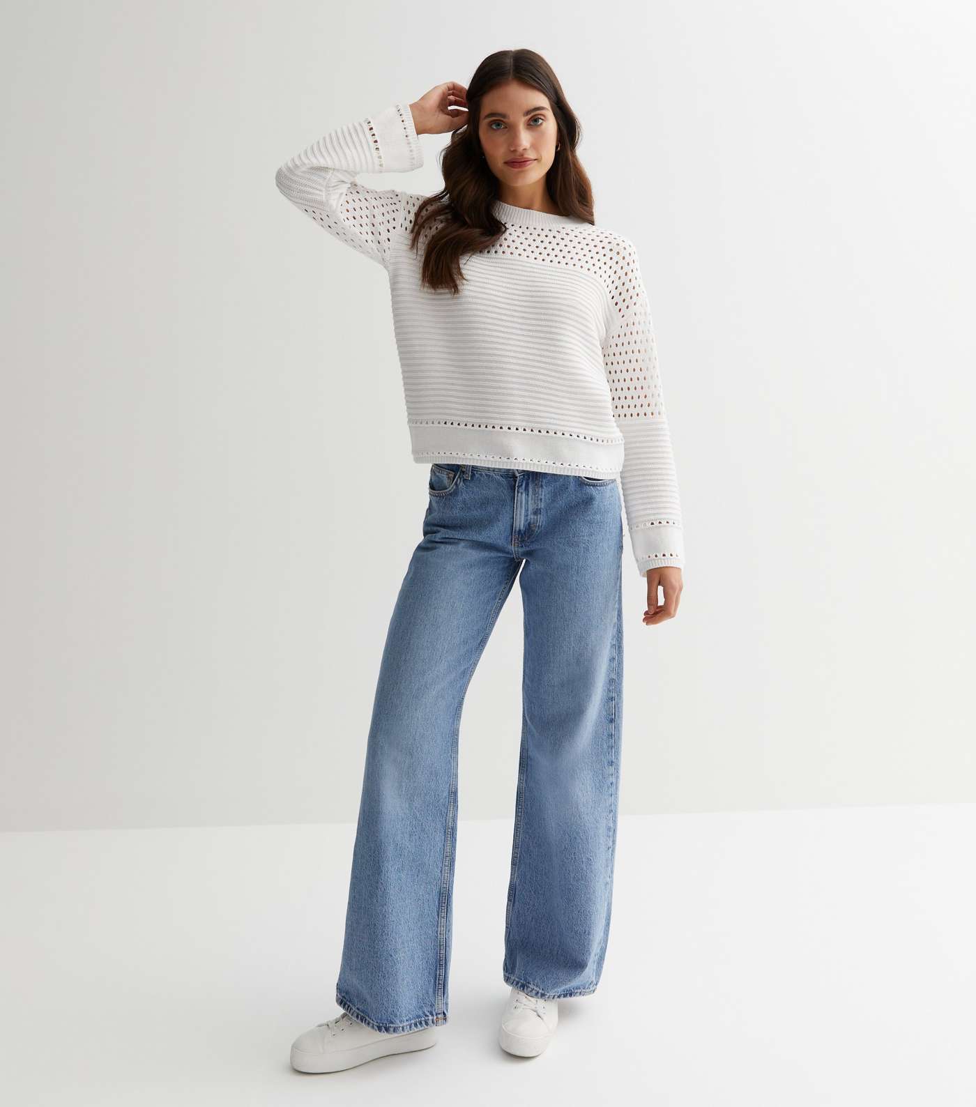 White Open Stitch Ribbed Knit Jumper Image 3