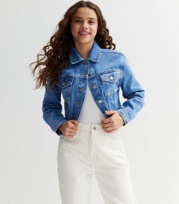 Girls Bright Blue Cotton Denim Frayed Crop Jacket | New Look