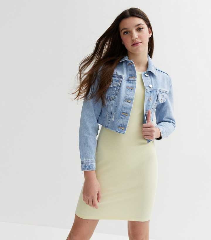 Girls Pale Blue Cotton Denim Frayed Crop Jacket