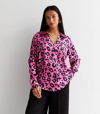 Petite Pink Leopard Print Satin Shirt