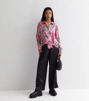Petite Pink Leopard Print Satin Tie Front Shirt