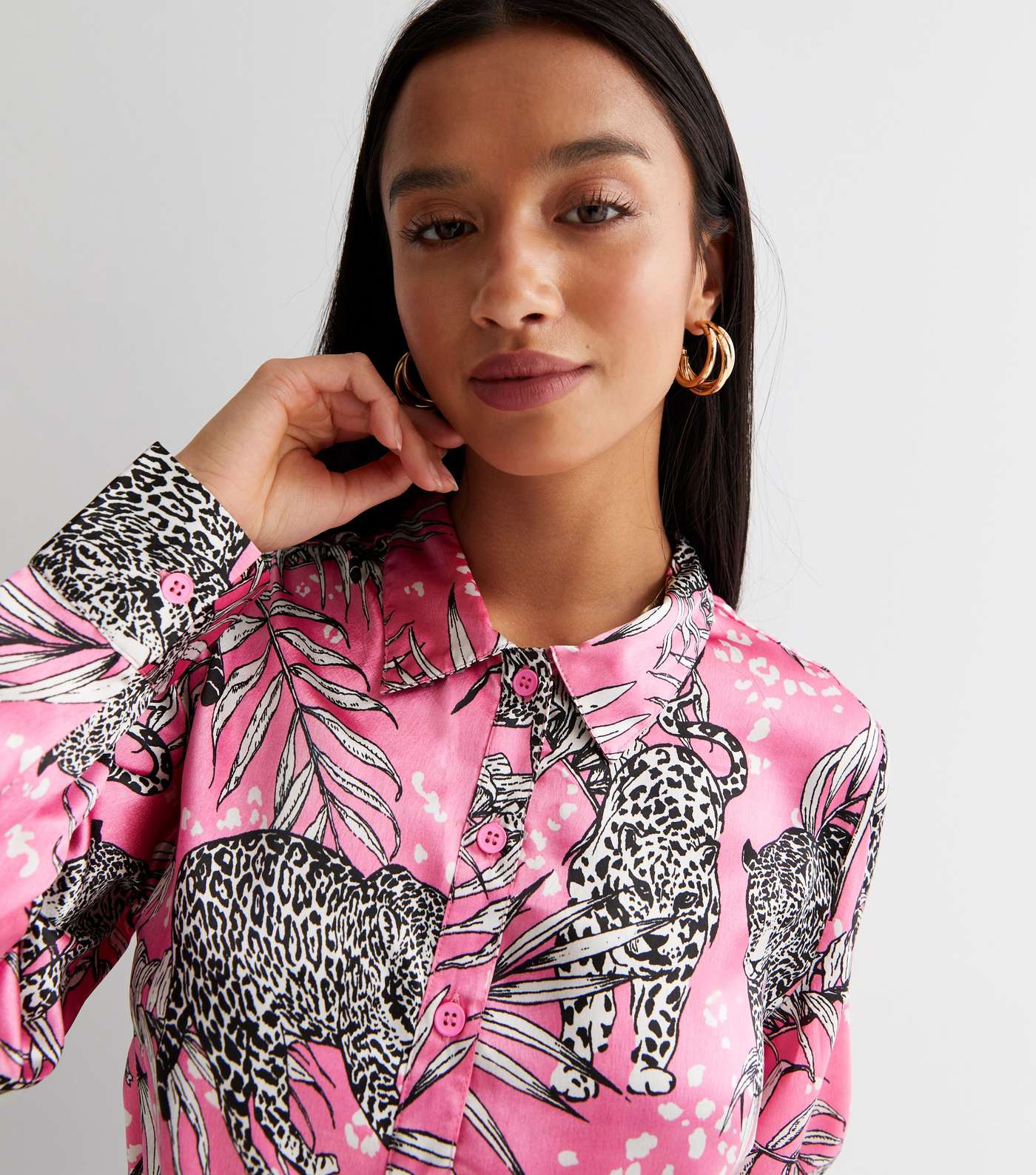 Petite Pink Leopard Print Satin Tie Front Shirt Image 3