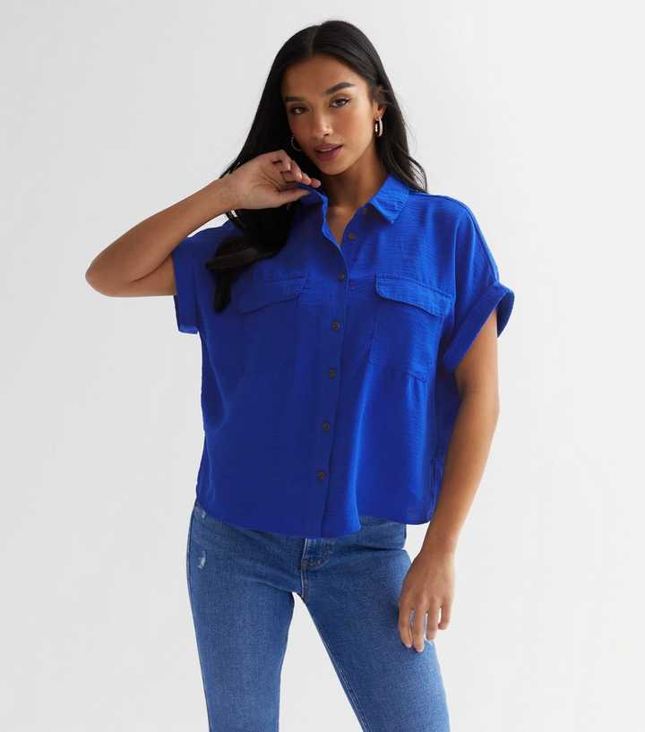 Petite Bright Blue Pocket Roll Sleeve Shirt