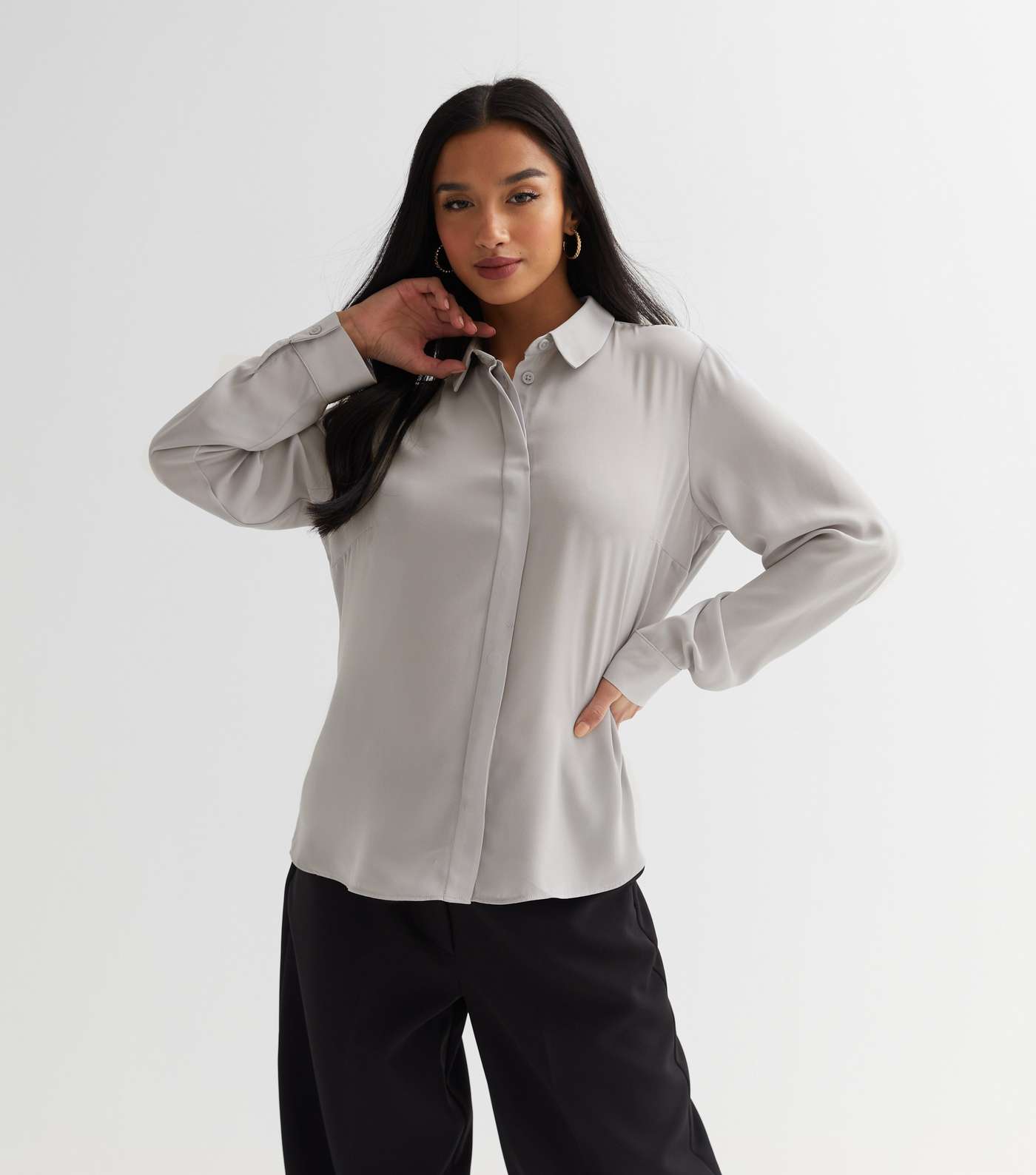 Petite Pale Grey Collared Long Sleeve Shirt Image 3