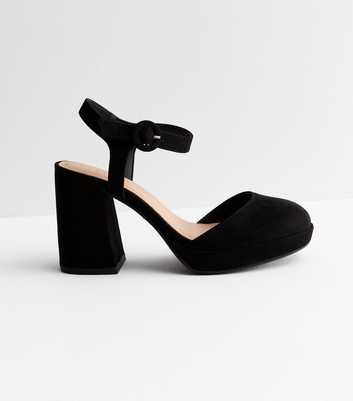 Wide Fit Black Suedette 2 Part Platform Block Heel Court Shoes