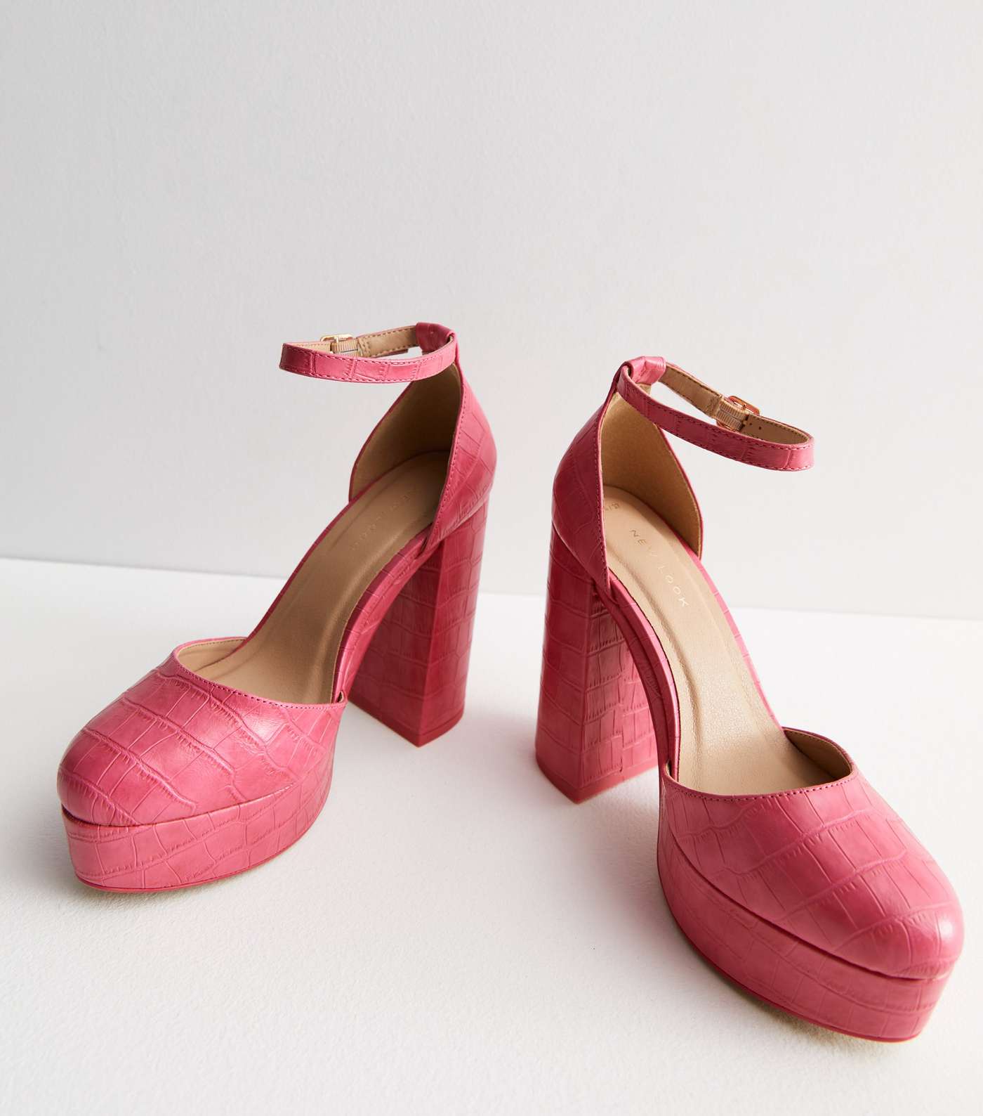Bright Pink Faux Croc 2 Part Platform Block Heel Sandals Image 3