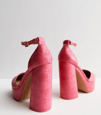 Bright Pink Faux Croc 2 Part Platform Block Heel Sandals New Look Vegan