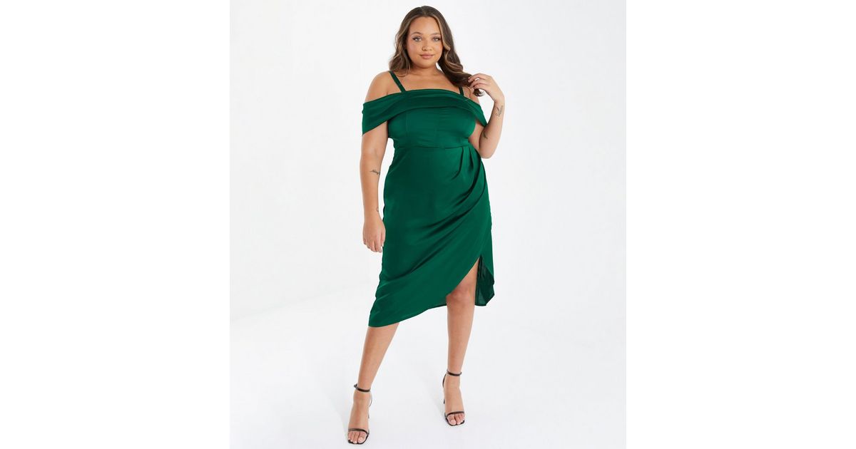 Quiz Curves Dark Green Satin Strappy Cold Shoulder Midi Dress New Look