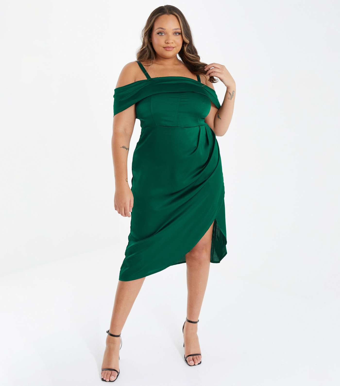 QUIZ Curves Dark Green Satin Strappy Cold Shoulder Midi Dress