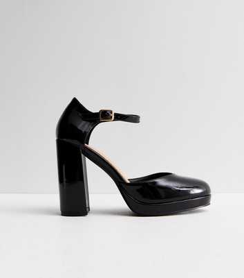 Black Patent Ankle Strap Chunky Platform Heels