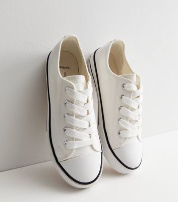 Wide Fit White Canvas Stripe Lace Up Trainers New Look Vegan