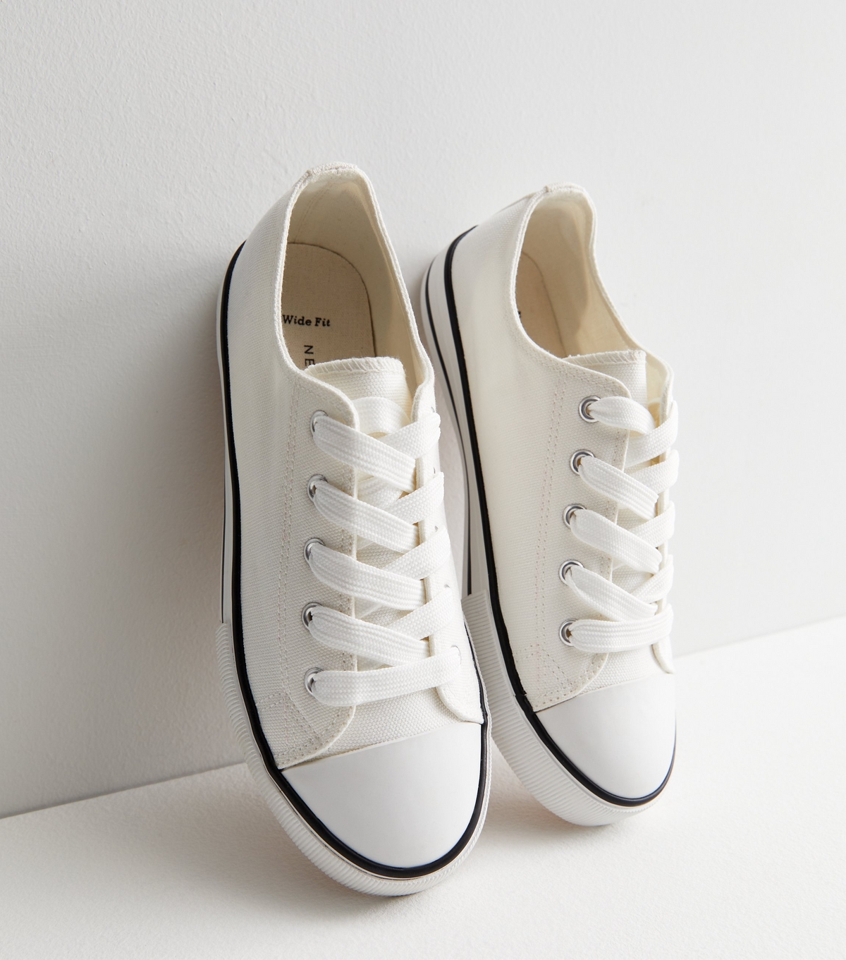 Women's Wide Fit White Canvas Stripe Lace Up Trainers Vegan New Look