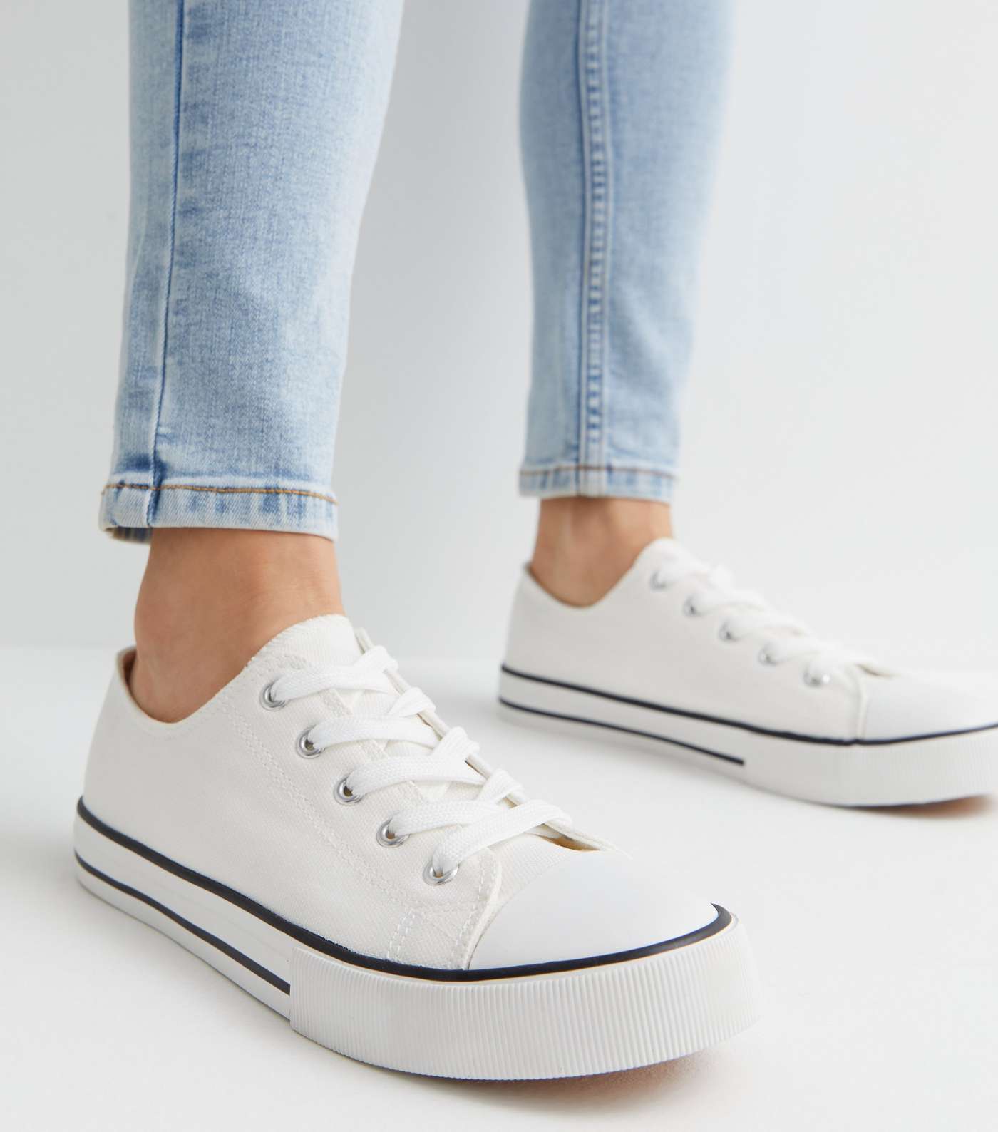 Wide Fit White Canvas Stripe Lace Up Trainers Image 2