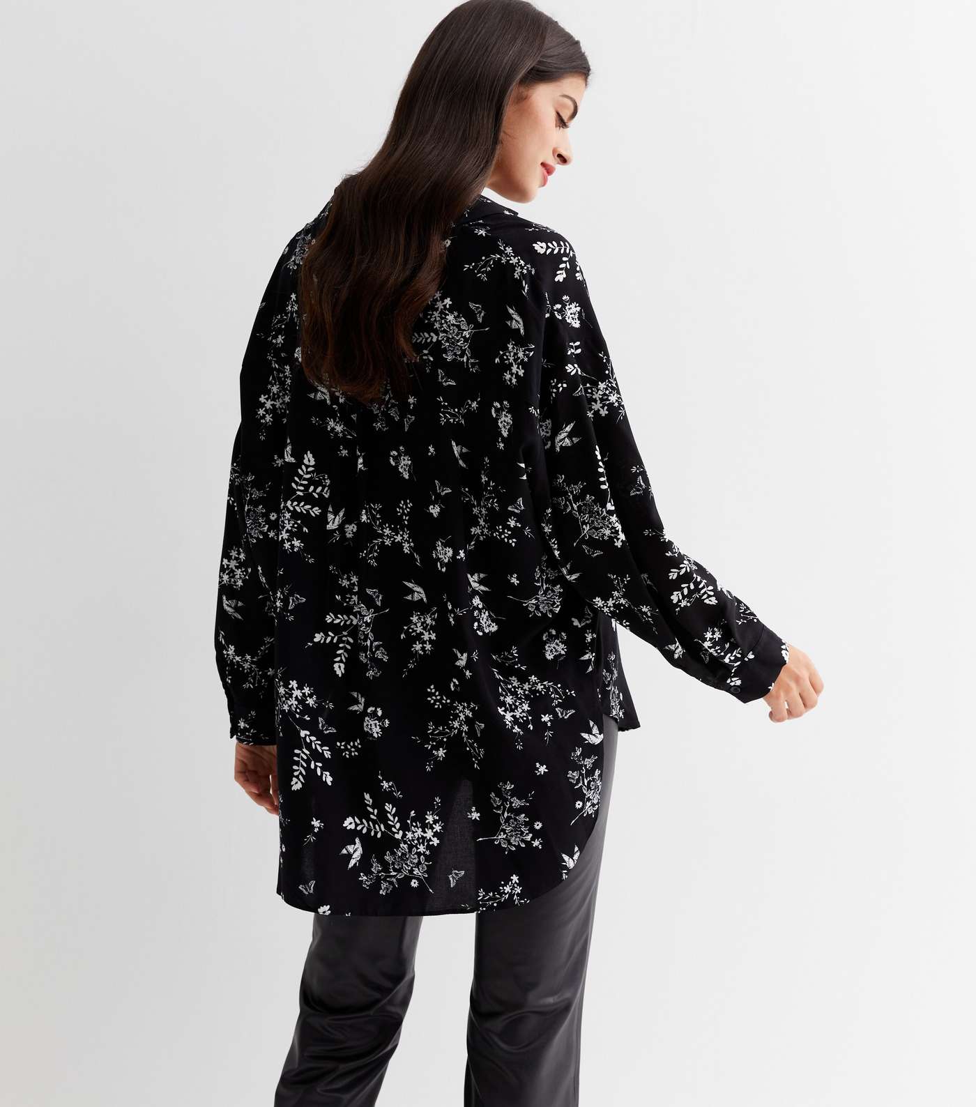 Black Floral Long Sleeve Oversized Shirt Image 4