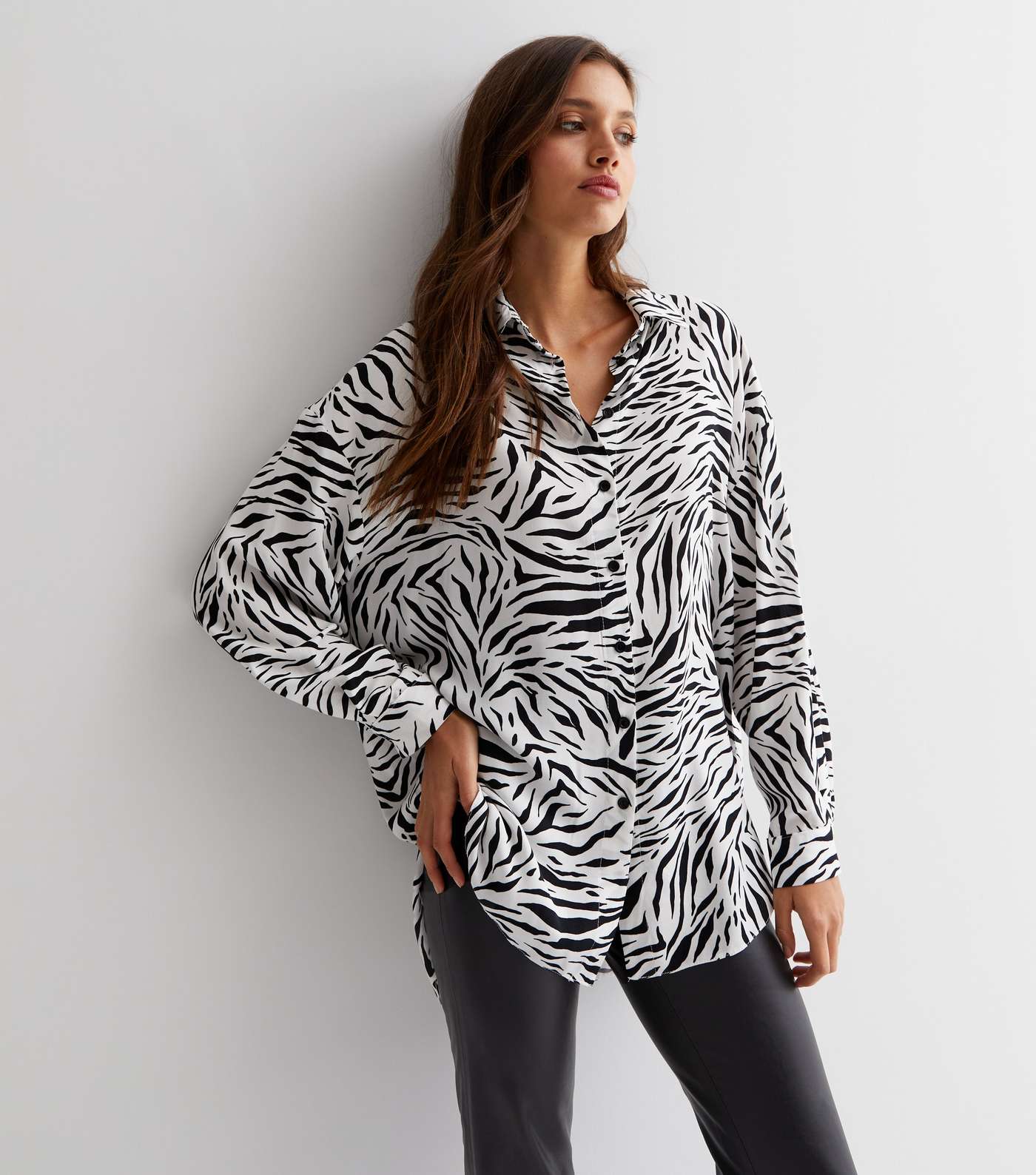 White Zebra Print Satin Collared Long Sleeve Shirt Image 2