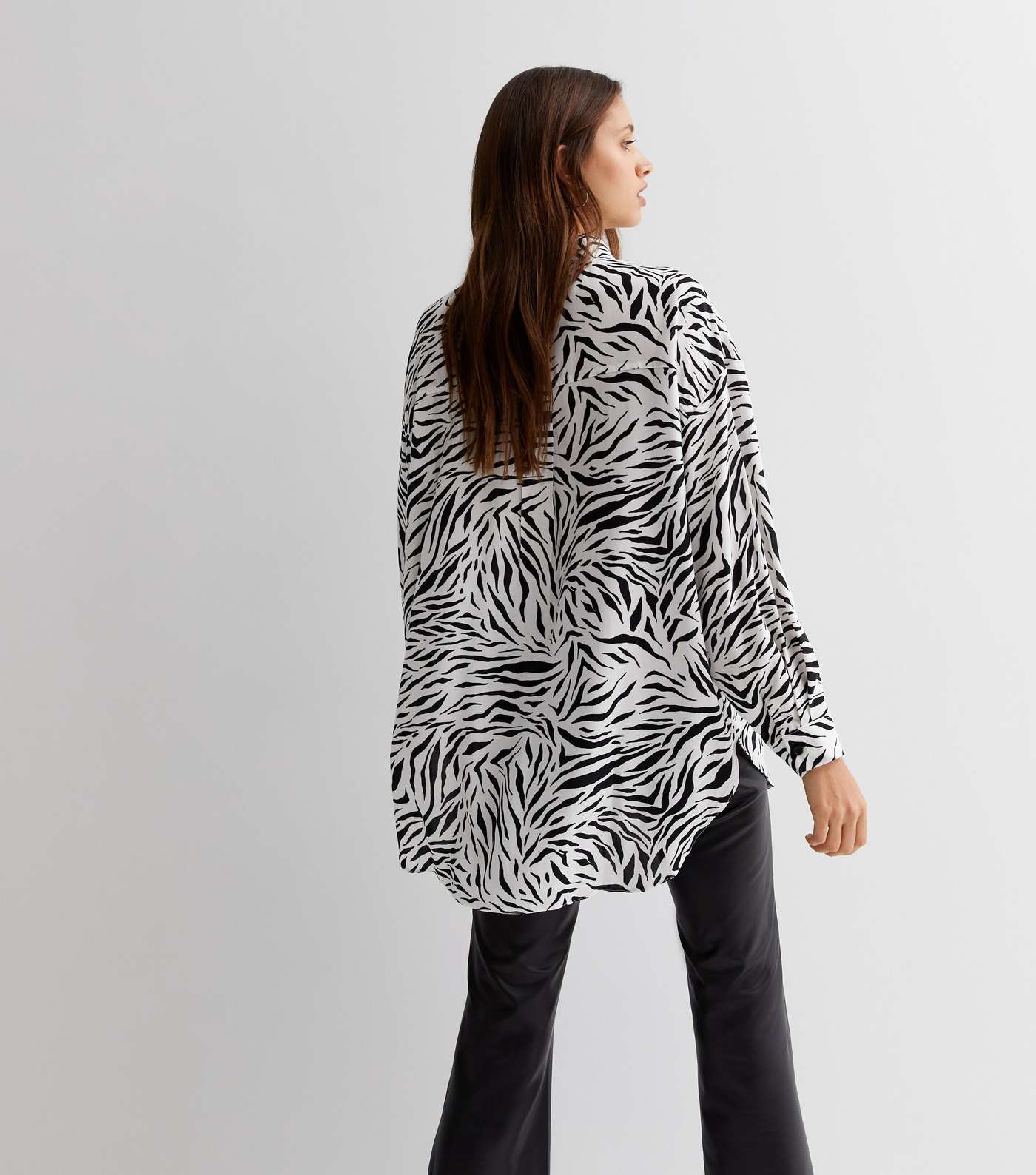 White Zebra Print Satin Collared Long Sleeve Shirt Image 4