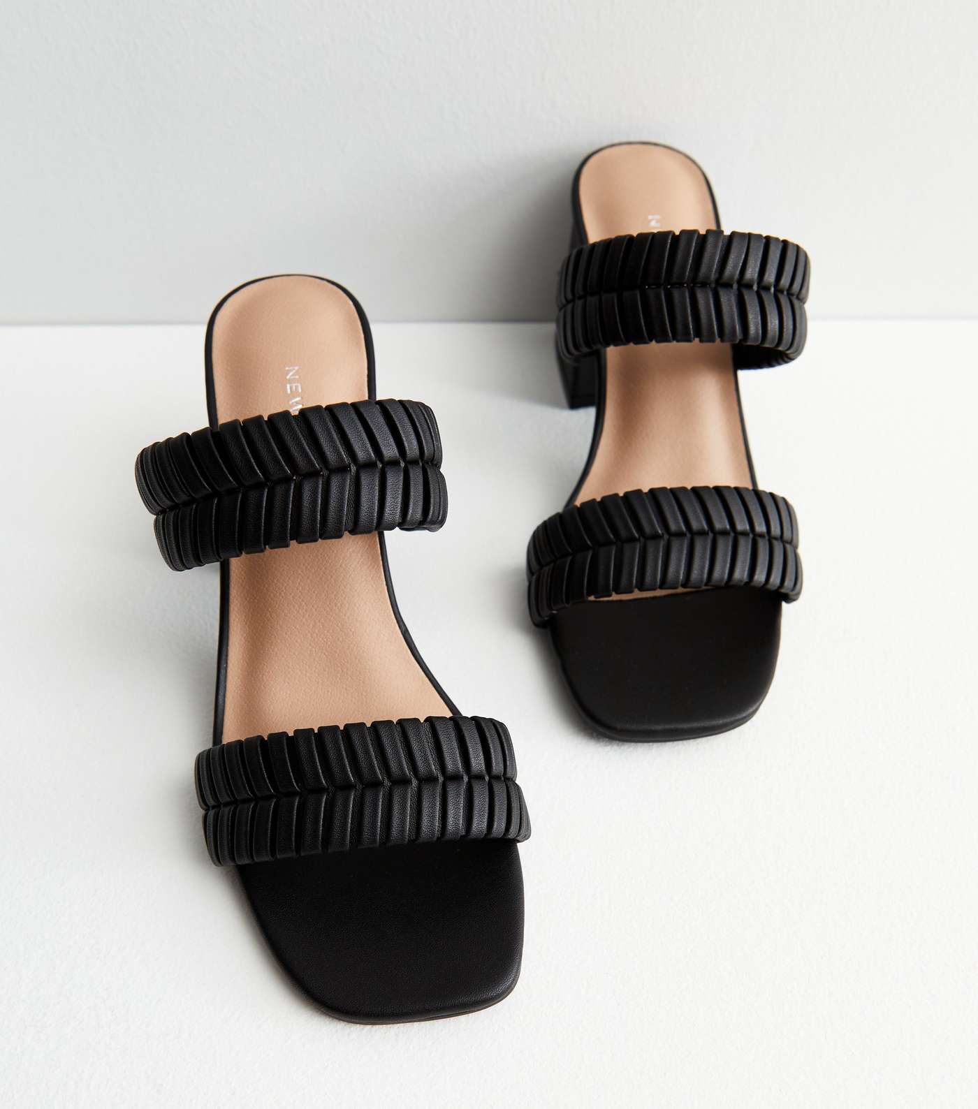 Black Plaited Double Strap Block Heel Mule Sandals Image 3