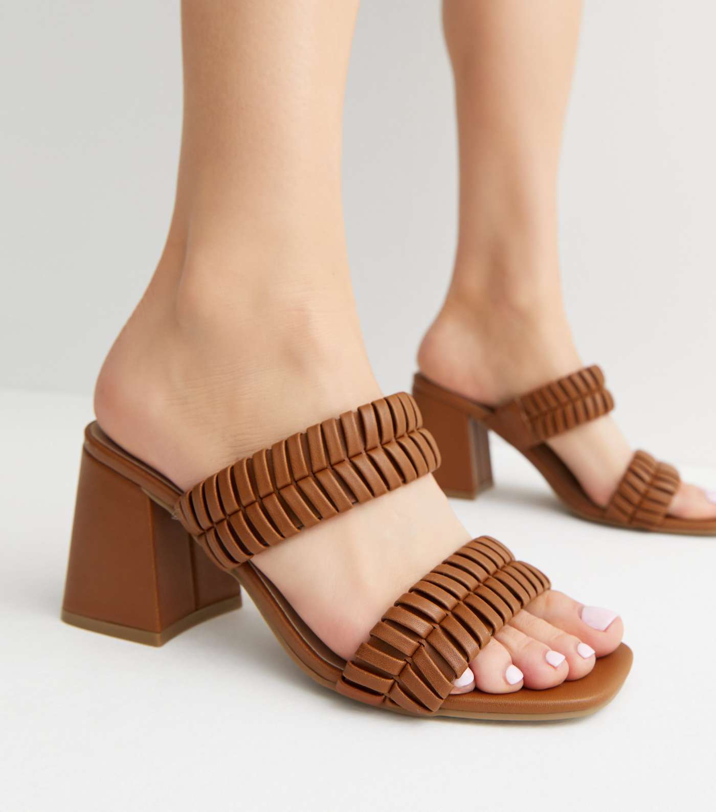 Tan Plaited Double Strap Block Heel Mule Sandals Image 2